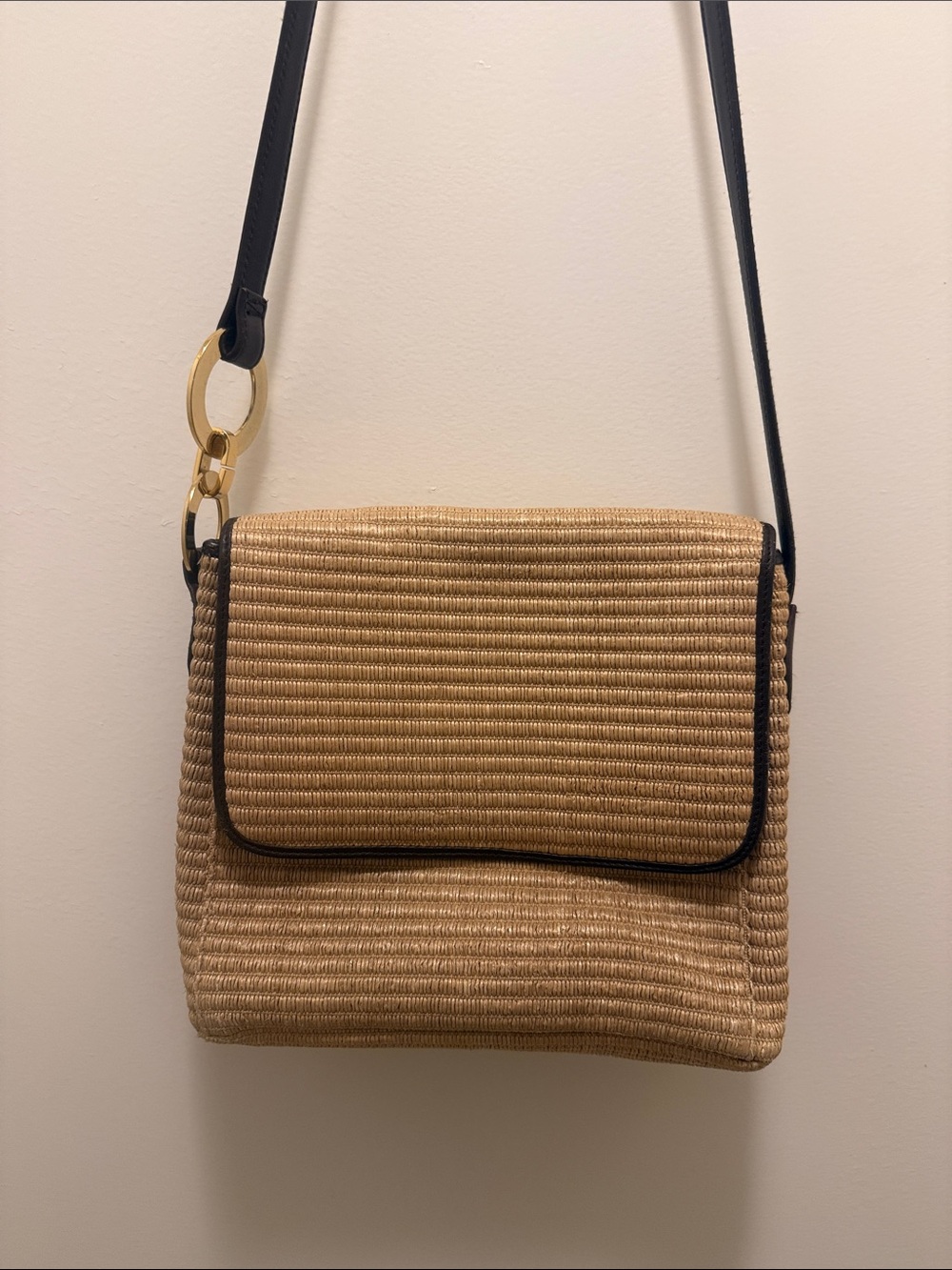 Vintage Susan Gail Straw Crossbody with Black Trim and Gold Ring